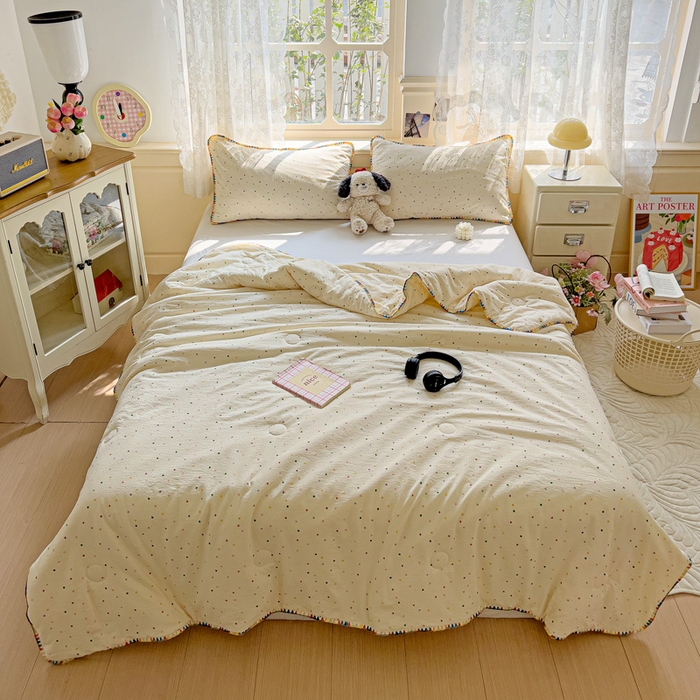 91家纺网 家纺一手货源 找家纺 Mata蔓塔家 2025新款云感针织双层纱彩色贝壳边夏被夏凉被空调被(有买家秀） 小波点