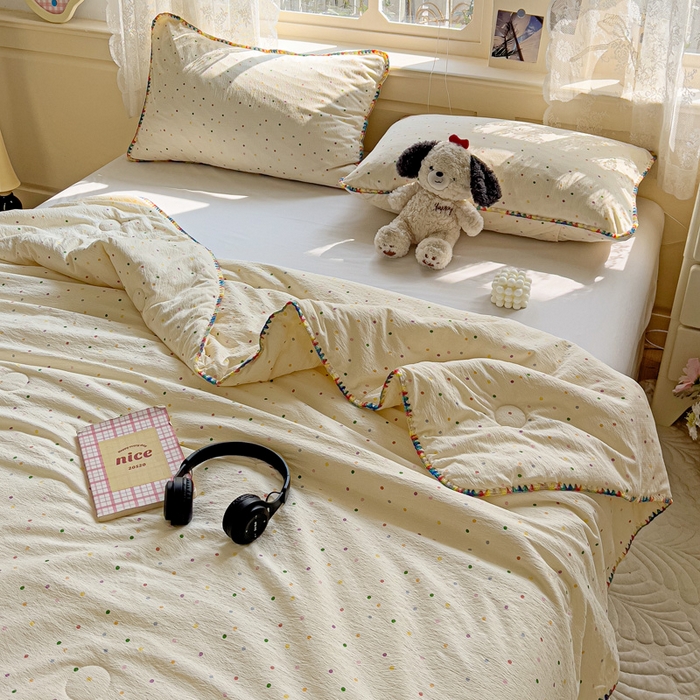 91家纺网 家纺一手货源 找家纺 Mata蔓塔家 2025新款云感针织双层纱彩色贝壳边夏被夏凉被空调被(有买家秀） 小波点