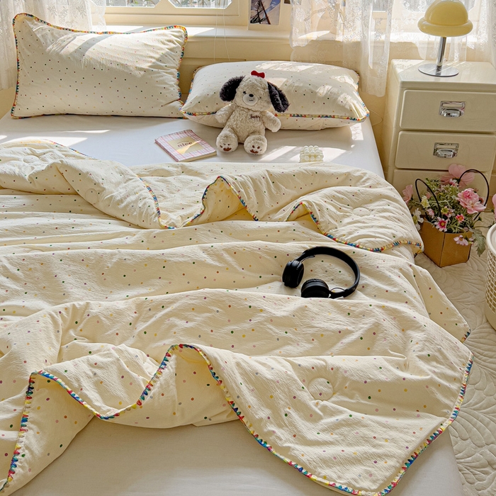 91家纺网 家纺一手货源 找家纺 Mata蔓塔家 2025新款云感针织双层纱彩色贝壳边夏被夏凉被空调被(有买家秀） 小波点