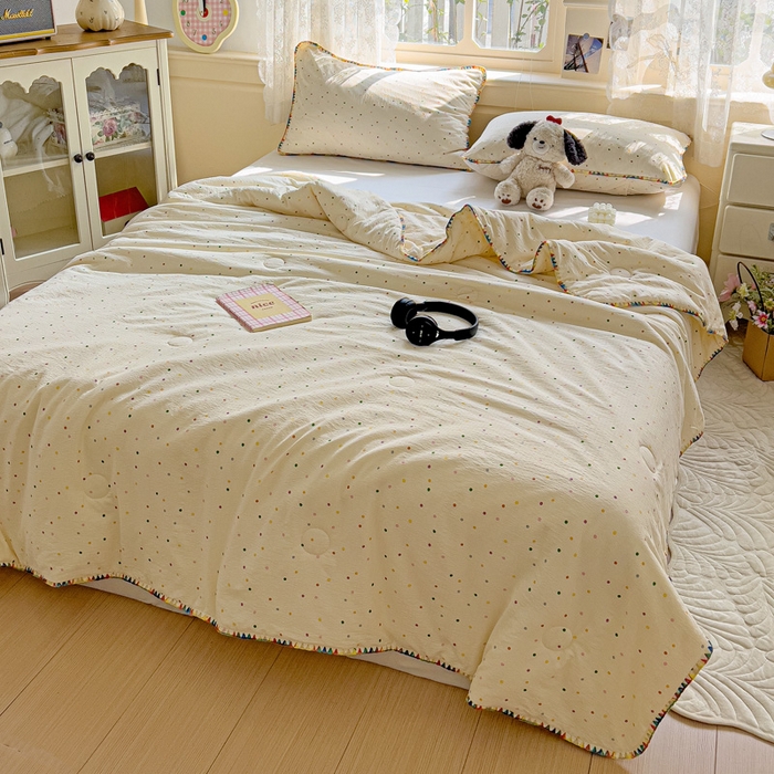 91家纺网 家纺一手货源 找家纺 Mata蔓塔家 2025新款云感针织双层纱彩色贝壳边夏被夏凉被空调被(有买家秀） 小波点