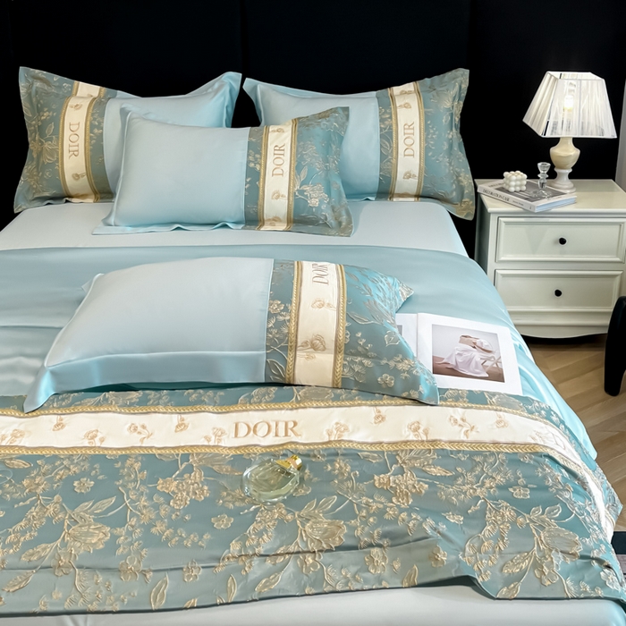 91家纺网 家纺一手货源 找家纺 帝王家纺 2025新款浮雕刺绣水洗天丝真丝夏被四件套冰丝三件套夏季直播 花蔓枝—水蓝