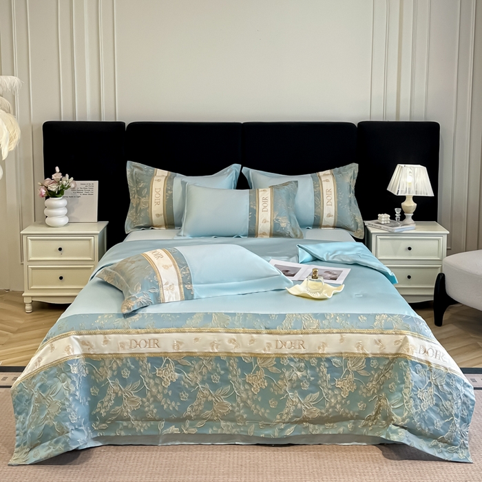 91家纺网 家纺一手货源 找家纺 帝王家纺 2025新款浮雕刺绣水洗天丝真丝夏被四件套冰丝三件套夏季直播 花蔓枝—水蓝