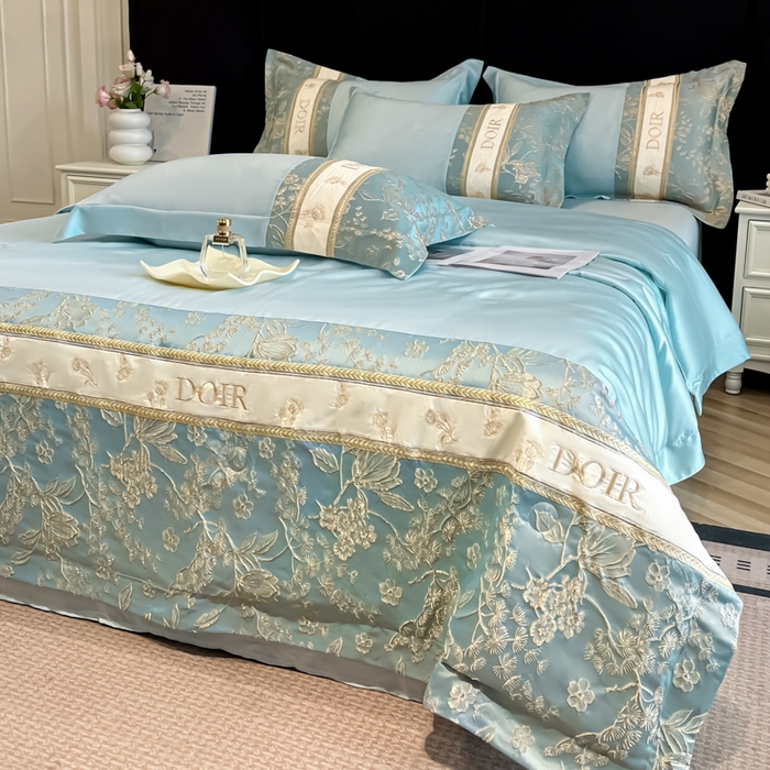 91家纺网 家纺一手货源 找家纺 帝王家纺 2025新款浮雕刺绣水洗天丝真丝夏被四件套冰丝三件套夏季直播 花蔓枝—水蓝