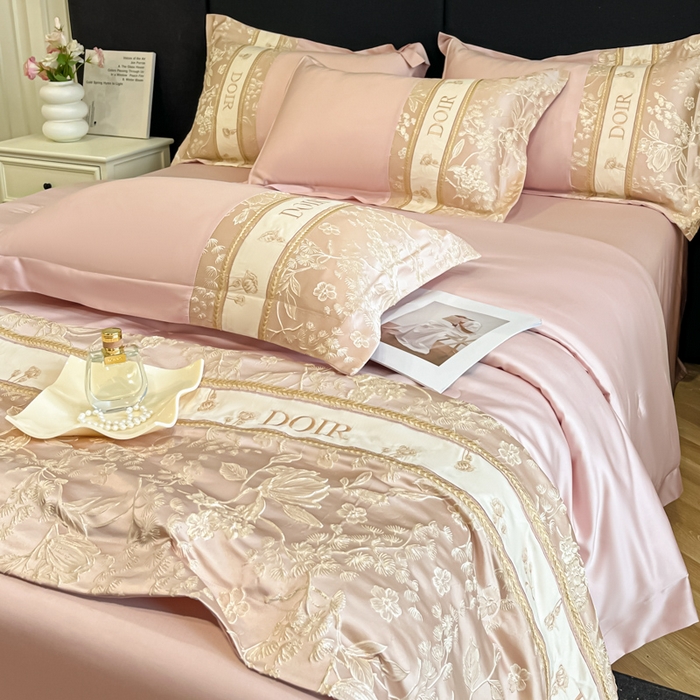 91家纺网 家纺一手货源 找家纺 帝王家纺 2025新款浮雕刺绣水洗天丝真丝夏被四件套冰丝三件套夏季直播 花蔓枝—粉