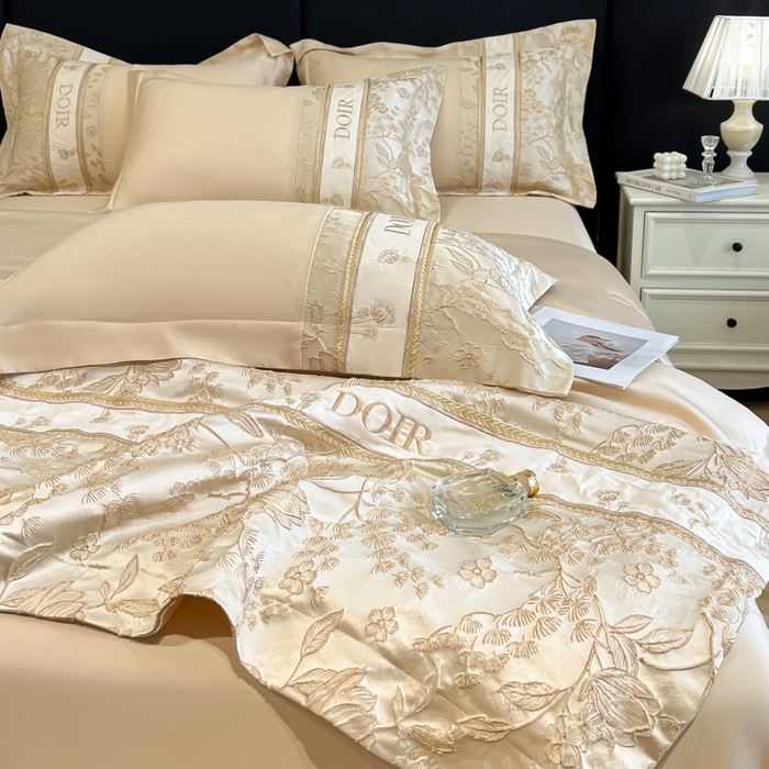 91家纺网 家纺一手货源 找家纺 帝王家纺 2025新款浮雕刺绣水洗天丝真丝夏被四件套冰丝三件套夏季直播 花蔓枝—香槟