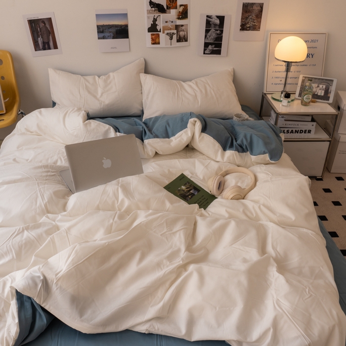 悦织湾家纺 2025纯色双拼水洗棉四件套轻奢时尚舒适透气床上用品学生宿舍三四件套跨境外贸 奶白雾霾兰