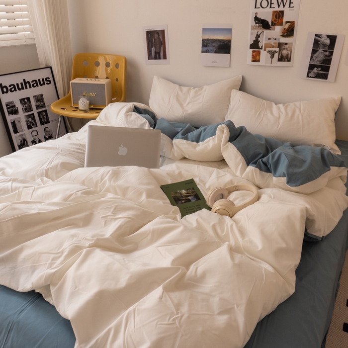 91家纺网 家纺一手货源 找家纺 悦织湾家纺 2025纯色双拼水洗棉四件套轻奢时尚舒适透气床上用品学生宿舍三四件套跨境外贸 奶白雾霾兰