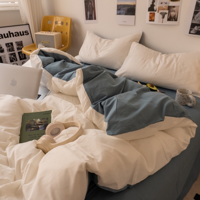 91家纺网 家纺一手货源 找家纺 悦织湾家纺 2025纯色双拼水洗棉四件套轻奢时尚舒适透气床上用品学生宿舍三四件套跨境外贸 奶白雾霾兰