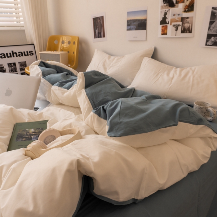 91家纺网 家纺一手货源 找家纺 悦织湾家纺 2025纯色双拼水洗棉四件套轻奢时尚舒适透气床上用品学生宿舍三四件套跨境外贸 奶白雾霾兰