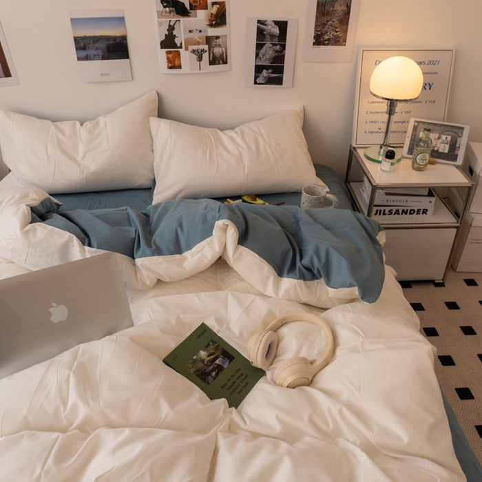 91家纺网 家纺一手货源 找家纺 悦织湾家纺 2025纯色双拼水洗棉四件套轻奢时尚舒适透气床上用品学生宿舍三四件套跨境外贸 奶白雾霾兰