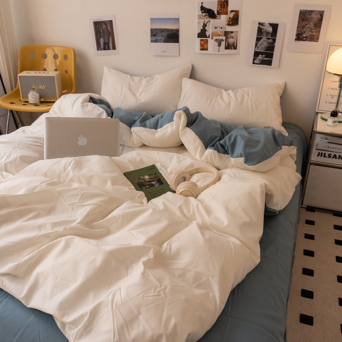 91家纺网 家纺一手货源 找家纺 悦织湾家纺 2025纯色双拼水洗棉四件套轻奢时尚舒适透气床上用品学生宿舍三四件套跨境外贸 奶白雾霾兰