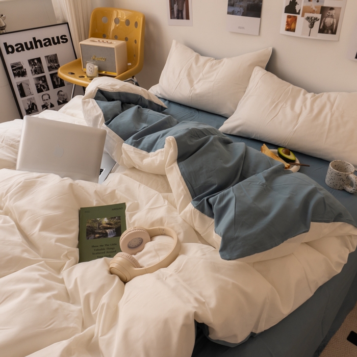 91家纺网 家纺一手货源 找家纺 悦织湾家纺 2025纯色双拼水洗棉四件套轻奢时尚舒适透气床上用品学生宿舍三四件套跨境外贸 奶白雾霾兰