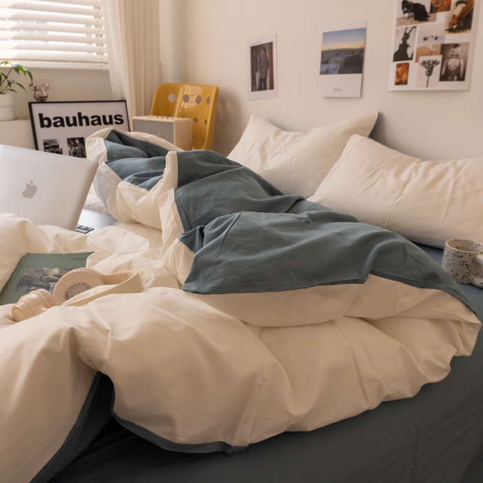 91家纺网 家纺一手货源 找家纺 悦织湾家纺 2025纯色双拼水洗棉四件套轻奢时尚舒适透气床上用品学生宿舍三四件套跨境外贸 奶白雾霾兰