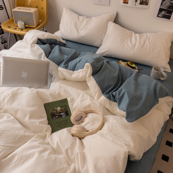 91家纺网 家纺一手货源 找家纺 悦织湾家纺 2025纯色双拼水洗棉四件套轻奢时尚舒适透气床上用品学生宿舍三四件套跨境外贸 奶白雾霾兰