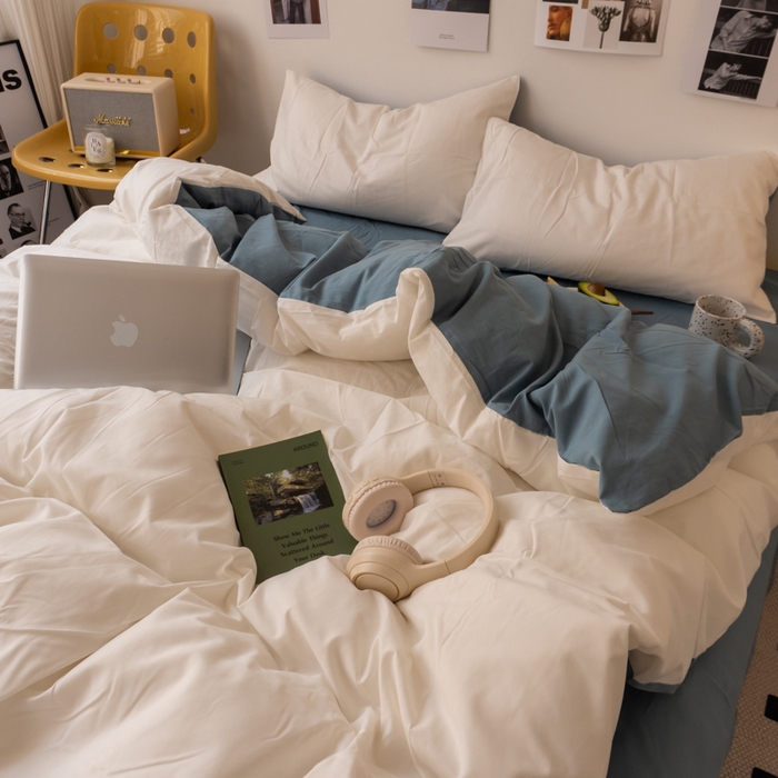 91家纺网 家纺一手货源 找家纺 悦织湾家纺 2025纯色双拼水洗棉四件套轻奢时尚舒适透气床上用品学生宿舍三四件套跨境外贸 奶白雾霾兰