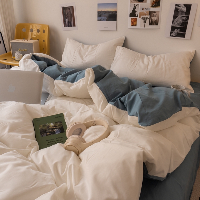 91家纺网 家纺一手货源 找家纺 悦织湾家纺 2025纯色双拼水洗棉四件套轻奢时尚舒适透气床上用品学生宿舍三四件套跨境外贸 奶白雾霾兰