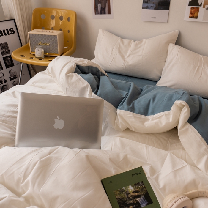 91家纺网 家纺一手货源 找家纺 悦织湾家纺 2025纯色双拼水洗棉四件套轻奢时尚舒适透气床上用品学生宿舍三四件套跨境外贸 奶白雾霾兰