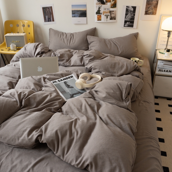 悦织湾家纺 2025纯色双拼水洗棉四件套轻奢时尚舒适透气床上用品学生宿舍三四件套跨境外贸 浅灰