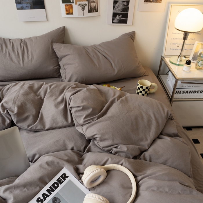 91家纺网 家纺一手货源 找家纺 悦织湾家纺 2025纯色双拼水洗棉四件套轻奢时尚舒适透气床上用品学生宿舍三四件套跨境外贸 浅灰