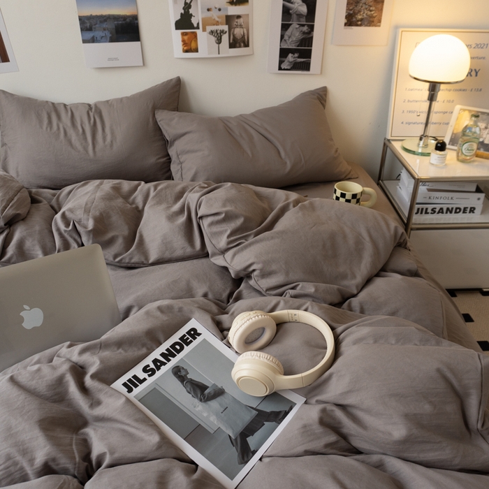 91家纺网 家纺一手货源 找家纺 悦织湾家纺 2025纯色双拼水洗棉四件套轻奢时尚舒适透气床上用品学生宿舍三四件套跨境外贸 浅灰