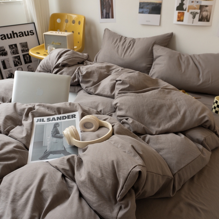 91家纺网 家纺一手货源 找家纺 悦织湾家纺 2025纯色双拼水洗棉四件套轻奢时尚舒适透气床上用品学生宿舍三四件套跨境外贸 浅灰