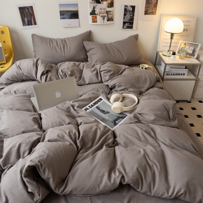 91家纺网 家纺一手货源 找家纺 悦织湾家纺 2025纯色双拼水洗棉四件套轻奢时尚舒适透气床上用品学生宿舍三四件套跨境外贸 浅灰