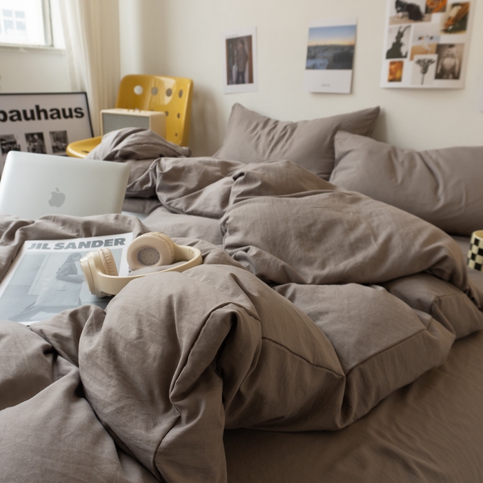 91家纺网 家纺一手货源 找家纺 悦织湾家纺 2025纯色双拼水洗棉四件套轻奢时尚舒适透气床上用品学生宿舍三四件套跨境外贸 浅灰