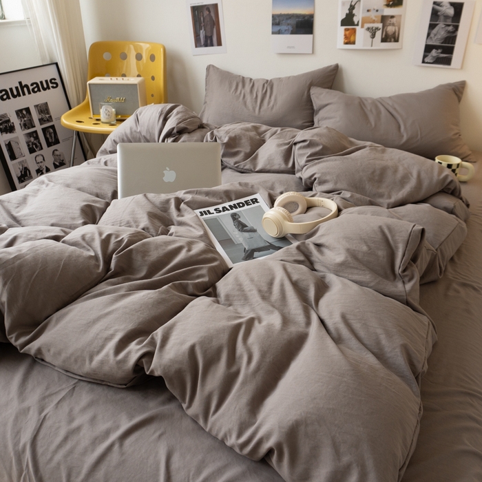 91家纺网 家纺一手货源 找家纺 悦织湾家纺 2025纯色双拼水洗棉四件套轻奢时尚舒适透气床上用品学生宿舍三四件套跨境外贸 浅灰