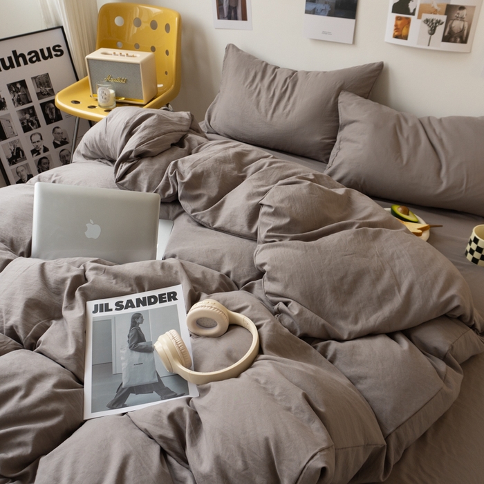 91家纺网 家纺一手货源 找家纺 悦织湾家纺 2025纯色双拼水洗棉四件套轻奢时尚舒适透气床上用品学生宿舍三四件套跨境外贸 浅灰