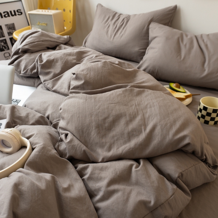 91家纺网 家纺一手货源 找家纺 悦织湾家纺 2025纯色双拼水洗棉四件套轻奢时尚舒适透气床上用品学生宿舍三四件套跨境外贸 浅灰