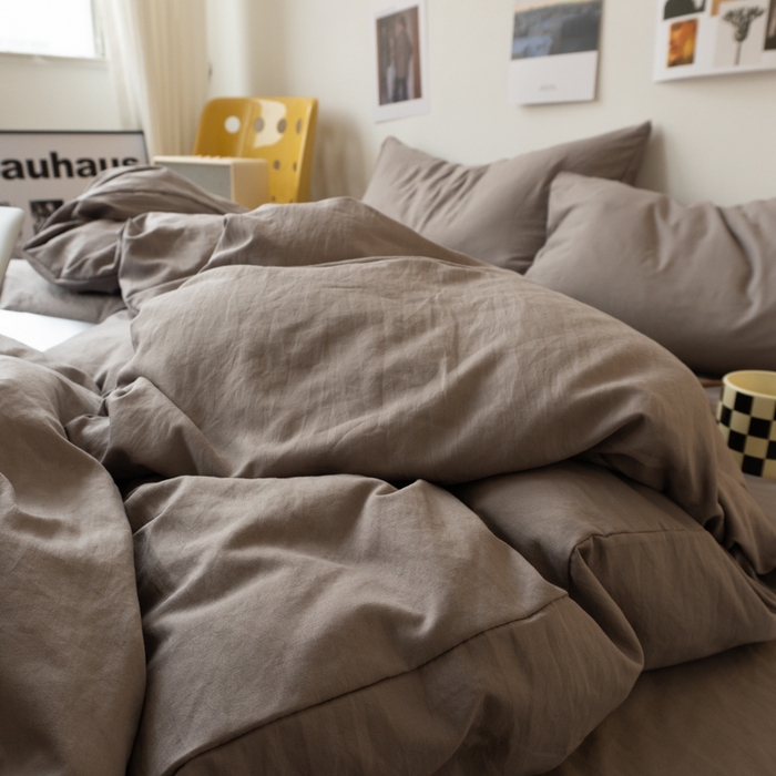 91家纺网 家纺一手货源 找家纺 悦织湾家纺 2025纯色双拼水洗棉四件套轻奢时尚舒适透气床上用品学生宿舍三四件套跨境外贸 浅灰