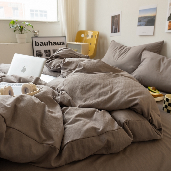 91家纺网 家纺一手货源 找家纺 悦织湾家纺 2025纯色双拼水洗棉四件套轻奢时尚舒适透气床上用品学生宿舍三四件套跨境外贸 浅灰