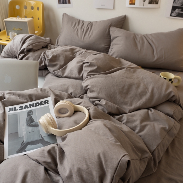 91家纺网 家纺一手货源 找家纺 悦织湾家纺 2025纯色双拼水洗棉四件套轻奢时尚舒适透气床上用品学生宿舍三四件套跨境外贸 浅灰