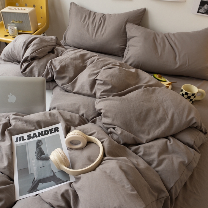 91家纺网 家纺一手货源 找家纺 悦织湾家纺 2025纯色双拼水洗棉四件套轻奢时尚舒适透气床上用品学生宿舍三四件套跨境外贸 浅灰