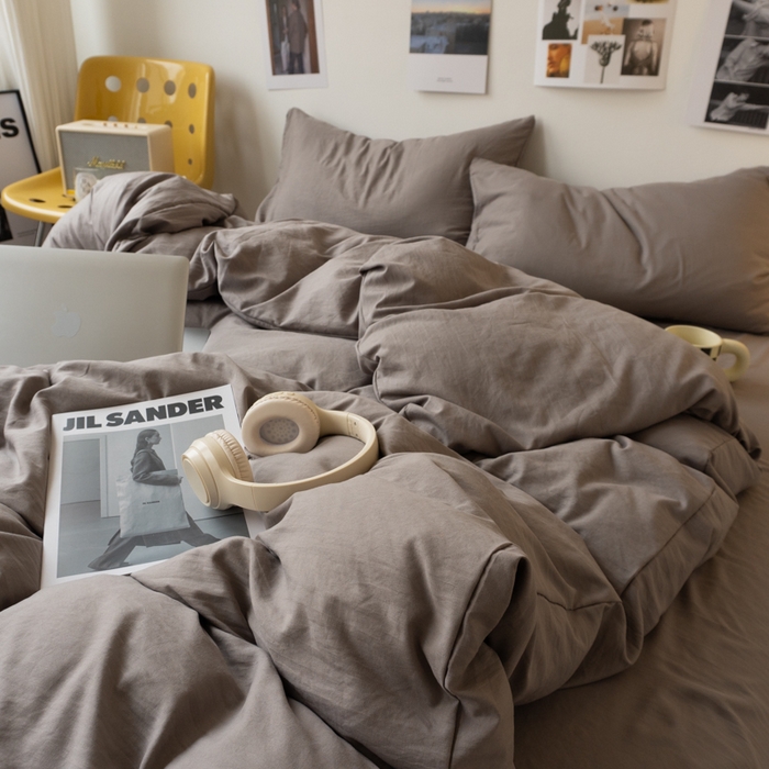 91家纺网 家纺一手货源 找家纺 悦织湾家纺 2025纯色双拼水洗棉四件套轻奢时尚舒适透气床上用品学生宿舍三四件套跨境外贸 浅灰