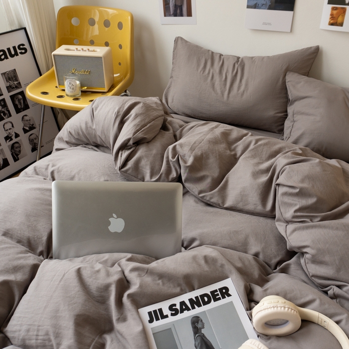 91家纺网 家纺一手货源 找家纺 悦织湾家纺 2025纯色双拼水洗棉四件套轻奢时尚舒适透气床上用品学生宿舍三四件套跨境外贸 浅灰