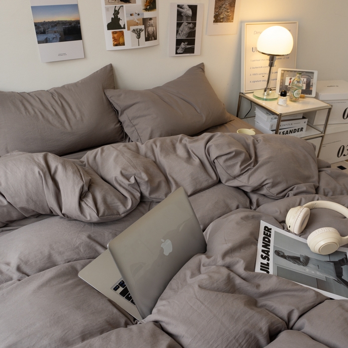 91家纺网 家纺一手货源 找家纺 悦织湾家纺 2025纯色双拼水洗棉四件套轻奢时尚舒适透气床上用品学生宿舍三四件套跨境外贸 浅灰