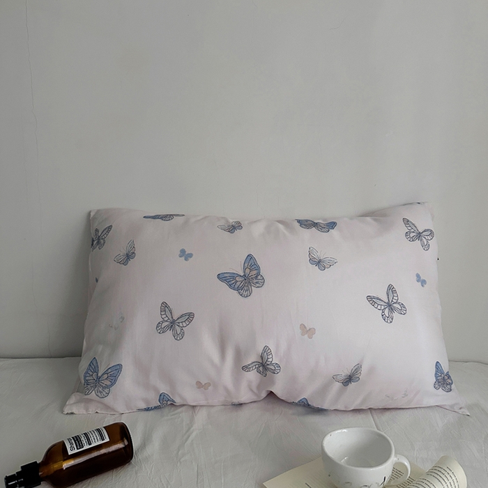 91家纺网 家纺一手货源 找家纺 柚可家居 2025新款双层纱印花单枕套 蝴蝶蓝（双层纱单枕套）