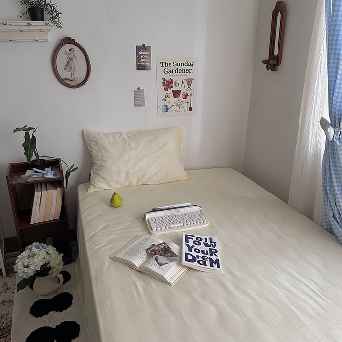 91家纺网 家纺一手货源 找家纺 柚可家居 2025新款双层纱单床单单床笠 米黄色