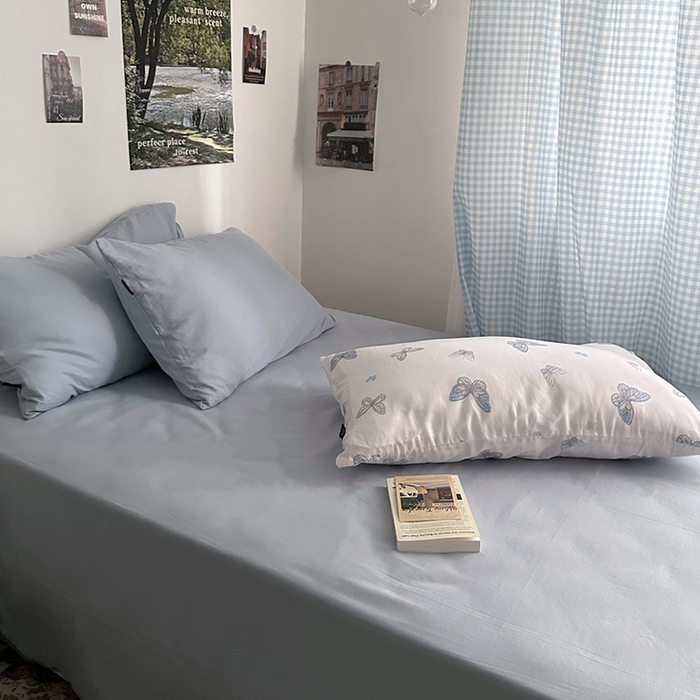 91家纺网 家纺一手货源 找家纺 柚可家居 2025新款双层纱单床单单床笠 浅蓝色