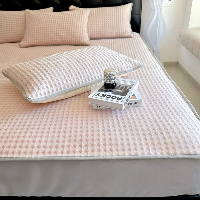 91家纺网 家纺一手货源 找家纺 兜米2025新款菱形格床笠凉席 菱形格粉