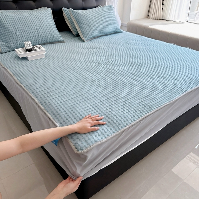 91家纺网 家纺一手货源 找家纺 兜米2025新款菱形格床笠凉席 菱形格蓝