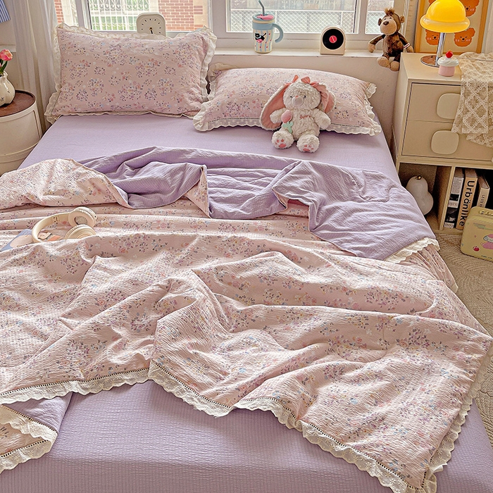 91家纺网 家纺一手货源 找家纺 恋之语 2025春夏新款云感全棉纯棉花边款夏被夏凉被空调被四件套套件 若欢-紫