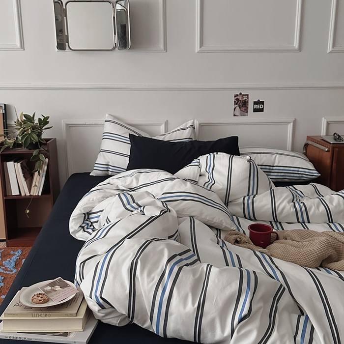 91家纺网 家纺一手货源 找家纺 柚可家居 2025新款亲肤舒适40支数码四件套 时光线条 时光线条-蓝