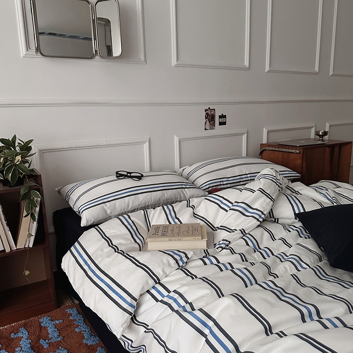 91家纺网 家纺一手货源 找家纺 柚可家居 2025新款亲肤舒适40支数码四件套 时光线条 时光线条-蓝