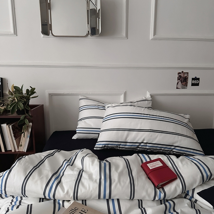 91家纺网 家纺一手货源 找家纺 柚可家居 2025新款亲肤舒适40支数码四件套 时光线条 时光线条-蓝