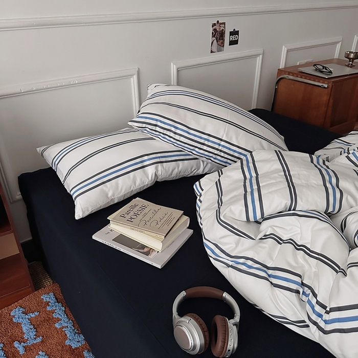 91家纺网 家纺一手货源 找家纺 柚可家居 2025新款亲肤舒适40支数码四件套 时光线条 时光线条-蓝