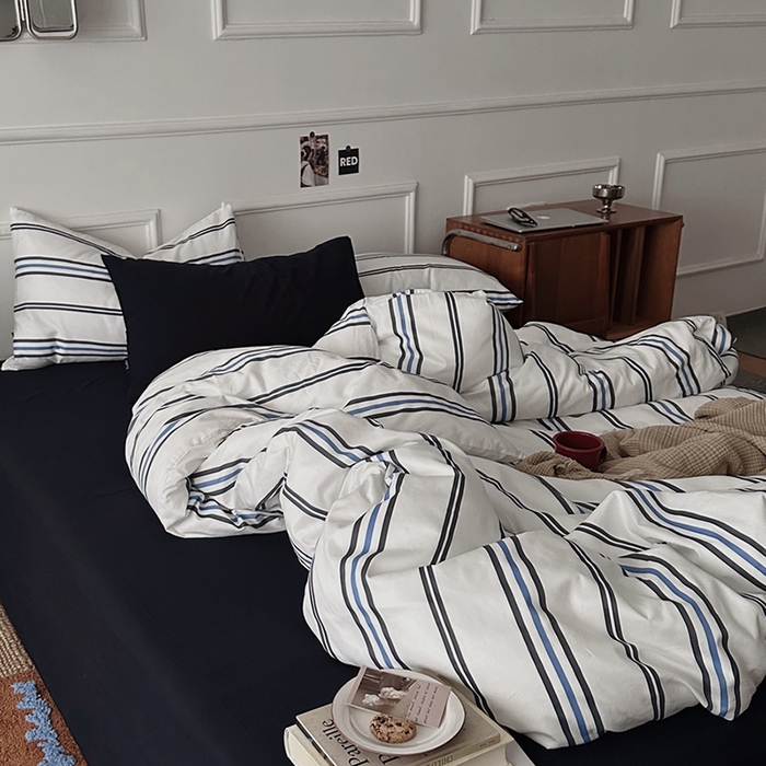 91家纺网 家纺一手货源 找家纺 柚可家居 2025新款亲肤舒适40支数码四件套 时光线条 时光线条-蓝