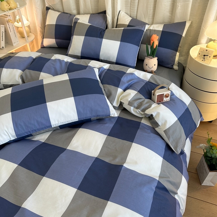 91家纺网 家纺一手货源 找家纺 简宜家居（朝初家纺） 2025新款13070全棉纯棉斜纹简约北欧风四件套 蓝大格