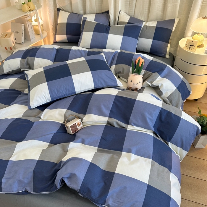 91家纺网 家纺一手货源 找家纺 简宜家居（朝初家纺） 2025新款13070全棉纯棉斜纹简约北欧风四件套 蓝大格